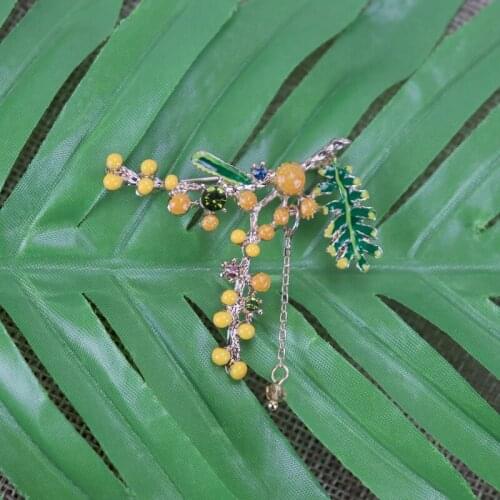 NEW Elegant Tassel Chain Colorful Zircon Drip Glaze Green Leaves Mimosa Brooch For Women Collar Accessories Jewelry