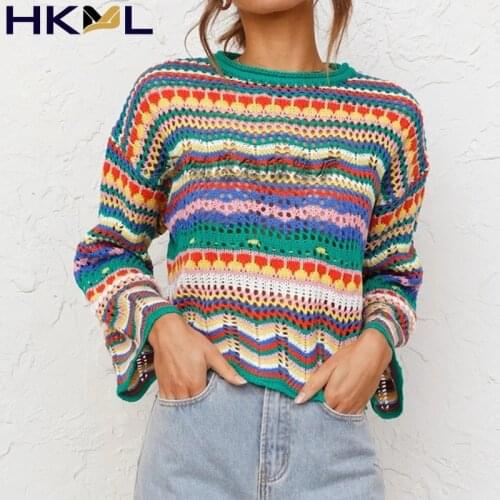 Autumn Loose Round Neck Rainbow Striped Pullovers Knitted Women Sweaters Ladies Casual Hollow Sweater 2021 Female Tops Jumpers