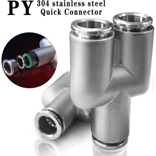 PY pneumatic connector tee 304 stainless steel connector metal Y-type hose connector quick plug connector 4 6mm 8mm 10mm 12mm