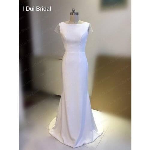 Simple Cap Sleeve Crepe Wedding Dress Low Back High Quality Satin Sheath Keyhole Back Unique Bridal Gown