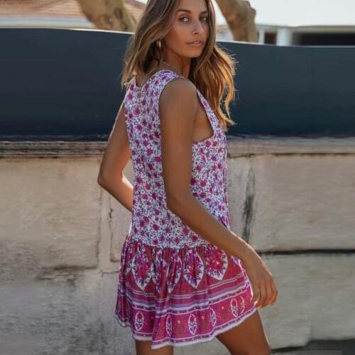 Floral Printed Sexy Mini Dress Sleeveless Ruffle Hem V Neck Vintage Vestidos Summer Beach Boho Casual Clothes 2019 Short Dresses
