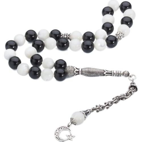 Silver Black White Onyx Gemstone Prayer Rosary Men Sphere Cut Rosary With Silver Tassel Turkish Tasbih Moon Star Model Tassel