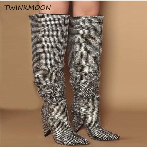 Rhinestone Over The Knee Boots Spike Heel Luxury Crystal Tigh High Boots Bling Bling Women Shoes For Wedding Party bota feminina