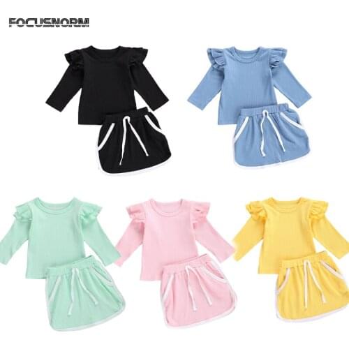FOCUSNORM Autumn Baby Girls Clothes Sets Knit Solid Long Sleeve Pullover Sweatshirt Mini Skirts 2pcs 5 Colors