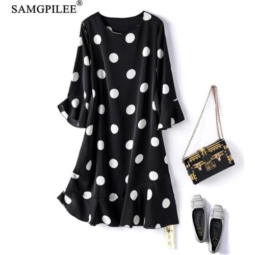 Spring Dresses For Women 2021 New Fashion Patchwork Polka Dot O Neck Ruffled Korean Belted Slim Knee Length Fashion Woman Dress