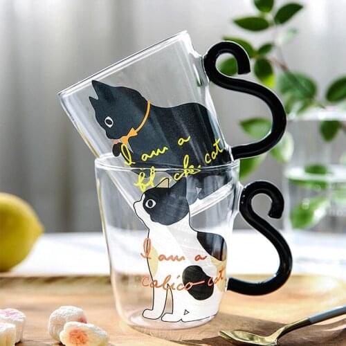 Japanese Creative Cute Cat Glass Water Cup Coffee Milk Juice Tea Glass Mug Cat Tail Handle Cat Stainless Spoon Household Gift