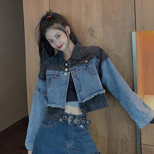 2021 Spring New Retro Womens Loose Design Splicing Short Denim Jacket