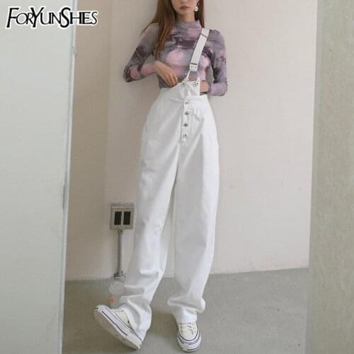 Women Fashion One-Shoulder Loose Jeans Plus Size Overalls High Waist Wide Leg Straight Minimalist Casual White Denim Pants 2020