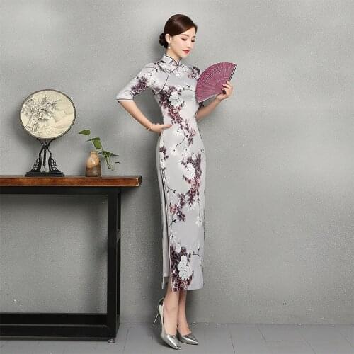 Female Flower Print Vintage Long Cheongsam Exquisite Slim Traditional Chinese Dress M-3XL Spring Elegant Mandarin Collar Qipao