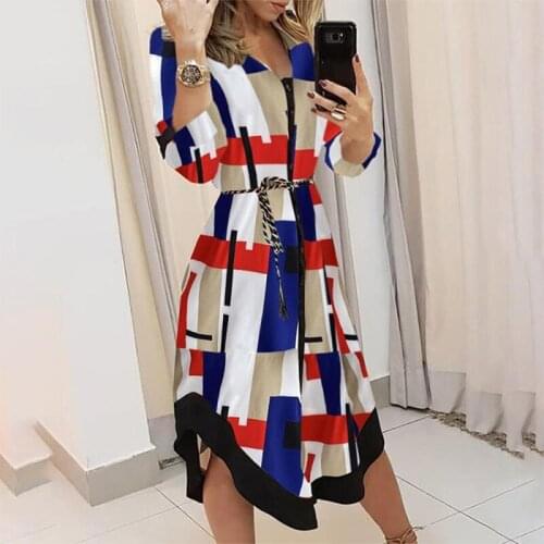 2021 Autumn New Women Wave Pattern Split Hem Long Sleeve Buttons Party Dress Lady Spring Casual Striped Print Irregular Dresses