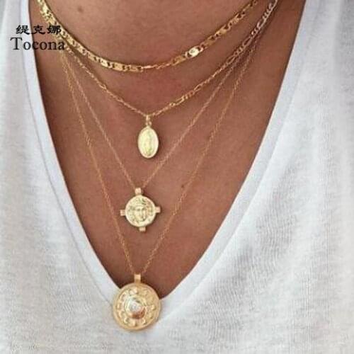 Tocona Bohemia New Arrival Virgin Mary Round Pendnat Necklace Gold Color Chain Chokers Necklace Jewelry For Women Ladies 7100