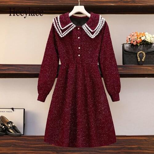 Plus Size Autumn Winter French Vintage Peter Pan Collar Long Sleeve Dresses High Waist A-line Red Vestidos 4XL Female Tweed Robe