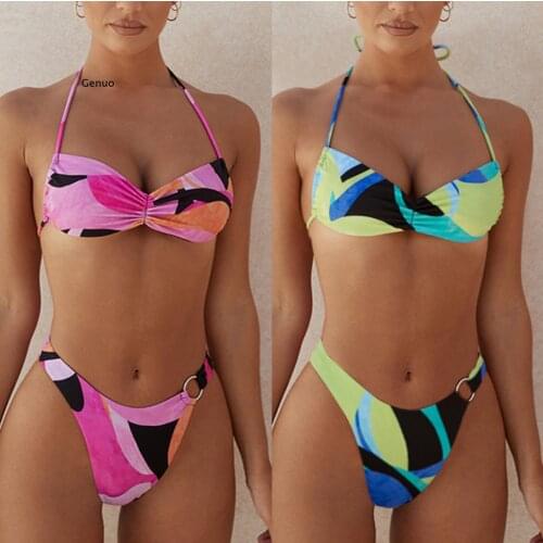 2021 Sexy Bikini Swimsuit Women Print Beachwear Set Swimwear Bathing Suit Lace up Female Monokini Brazilian Backless Push Up