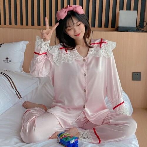 2021 Spring Summer Silk Satin Long Sleeve Pajama Sets for Women Korean Cute Lace Sleepwear Pyjamas Homewear Pijama Mujer Clothes