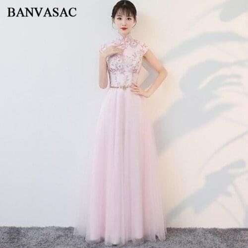 BANVASAC 2018 Vintage High Neck Lace Flowers Embroidery Long Evening Dresses Party A Line Short Sleeve Crystal Sash Prom Gowns