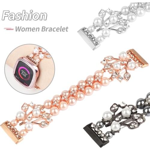 Leaves Diamond Design Bead Bracelet for Fitbit Sense Versa 3 2 Watch Band Metal Jewelry Strap Bling Elastic Stretch Wrist Belt