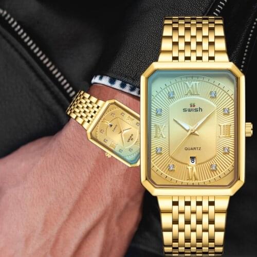 2021 SWISH Fashion Stainless Steel Watches Men Square Waterproof Quartz Watch Men Top Brand Luxury Gold Black Wristwatch For Man