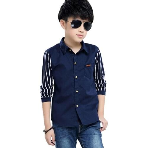 Kids Boys letters printed plaid cotton shirt new spring / autumn big virgin striped shirt sleeve 4-12 years old