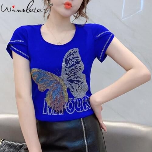 Summer European Style T-Shirt Slim Fashion O-Neck Women Tops Short Sleeve Sexy Back Shiny Diamonds Butterfly Tees 2021 T14417A