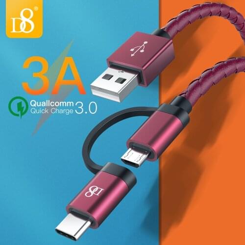 D8 2 in 1 Micro USB Type C Cable for Huawei Xiaomi 3A Fast Charge Charger Quick Charge Cord 2in1 Leather Braided Data Wire