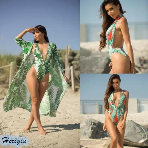 Green Leaves Print Swimsuits 2019 New Women Sexy Deep V-Neck Backless Leaf Printed Push-up Padded Swimsuit