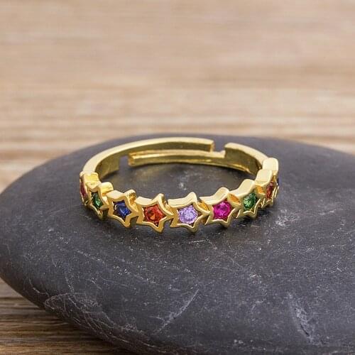 Hot Sale Gold Color Star Design Open Rings Colorful Crystal CZ Stone Adjustable Rings For Women Wedding Engagement Jewelry
