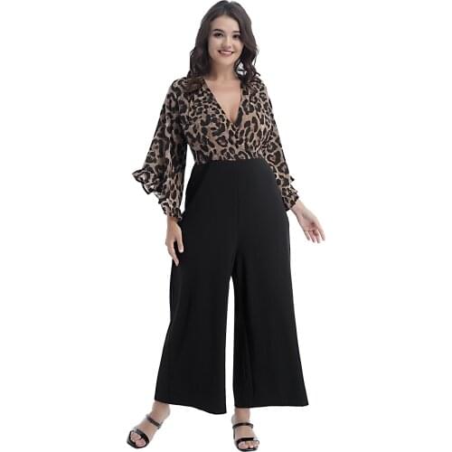 Fashion Women Jumpsuit Plus Size Clothing Ruffle Long Sleeve Deep V Neckline Invisible Zipper Fastened Leopard Print Patchwork