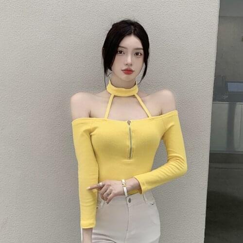 Chinas new womens careful machine sexy one shoulder neck stretch stretch zipper decorative long sleeve T-shirt spot