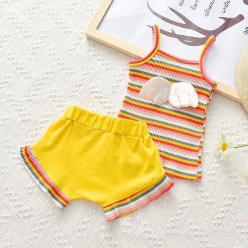 New Summer Fashion Toddler Girl Clothes Baby Set 2pcs Set Stripe Strawberry Wing Strap Tops+short Pants Outfits or Home Clothing
