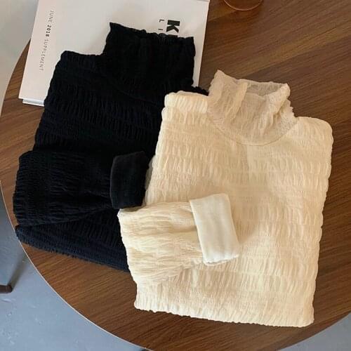 Plush Velvet Thicken High Collar Long Sleeve T-shirt Women Autumn Winter 2020 New Ruffle Lace Thermal Underwear Top