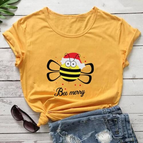 Bee Merry 100%Cotton Colored Print Womens Christmas T Shirt Winter Funny Casual O-Neck Short Sleeve Top Bees Shirt New Year Tee