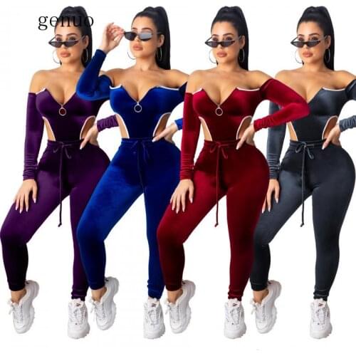 Sexy Velvet Two Piece Set Tracksuit Women Fall Winter Matching Clothing Bodysuit Top Jogger Pant Sweat Suit Club Outfits