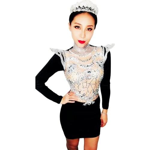 Mesh Gauze Perspective Dance Wear Women Rhinestones Velvet Above Knee Mini Dresses Personality Performance Costume Ladies