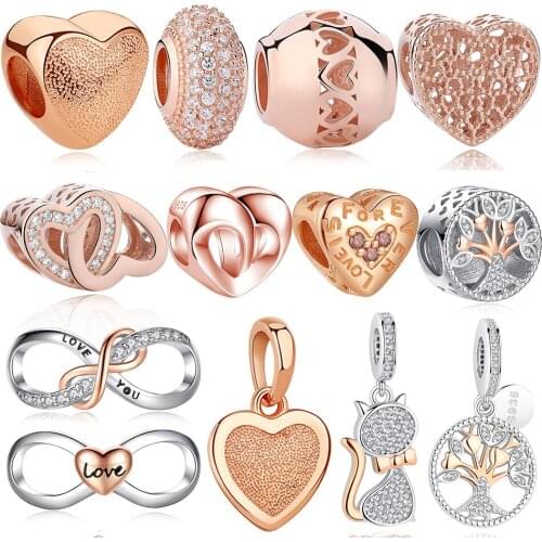ELESHE 925 Sterling Silver Charm Bead BFF Family Tree Infinity Love Rose Gold Dangle Charms Fit Original Bracelets DIY Jewelry