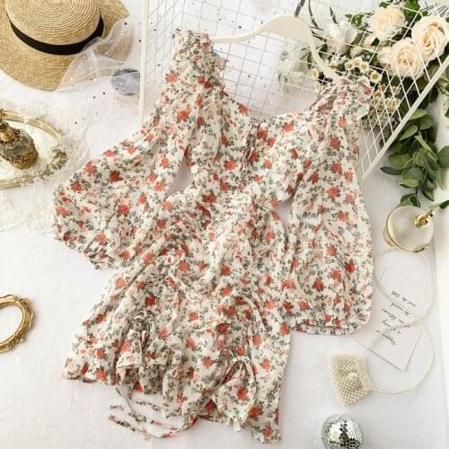 French retro style floral chiffon dress female Slim long sleeve ruffles drawstring high waist dresses ruffled boho print dress