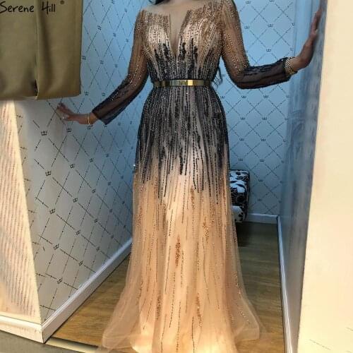 Serene Hill Blue Gold Contrast Color O-Neck Evening Dress 2021 Long Sleeves Beadings A-Line Formal Party Wear Gown CLA70323