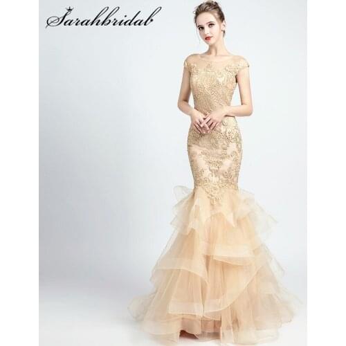 Sexy Evening Dresses Scoop Cap Sleeve Natural Floor Length Party Gown Embroidery Beads Tiered Arabic Mermaid Robe De Soiree 5135