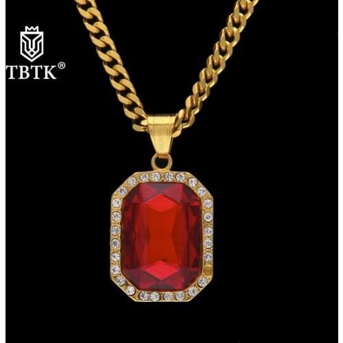 TBTK Square Gold Metal Red Crystal Gem Pendant Octagon Gem Pendant Stainless Steel With Rhinestone Crystal Beautiful Necklace
