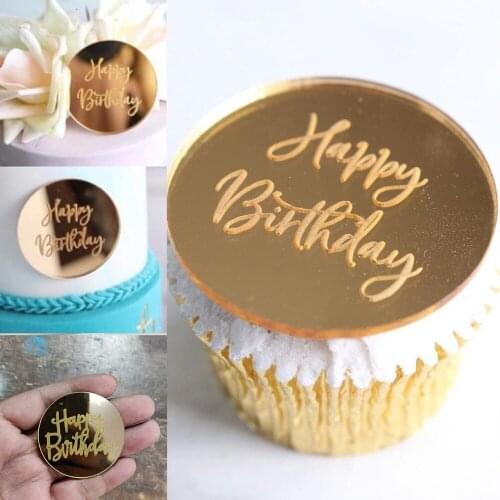 50PCS Gold Happy Birthday Cupcake Topper Rose Gold Silver Acrylic 3D Circle Cake Topper for Birthday Party Cake Decorations 5cm