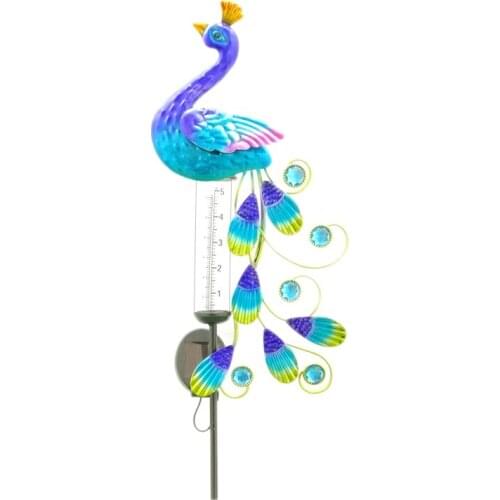 Rain Gauge Outdoor,Solar Peacock Stake Light, RGB Color Changing Waterproof Rain Gauge with Rainfall Measure Glass Tube