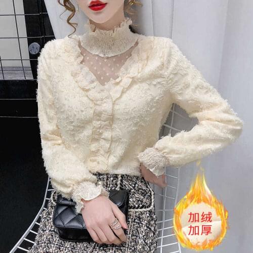 Women Shirt Blouse Winter Turtleneck Lace Womens Mesh Splicing Beads Top Blusas Ropa De Mujer
