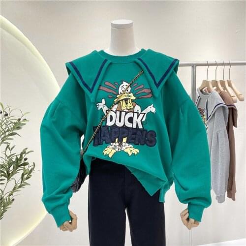 Cartoon hoodie woman autumn thin style new Korean tide loose lotus leaf collar coat clothes