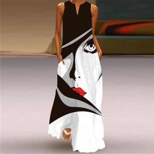 Fashion Face Printed Sleeveless Women Maxi Dress 2021 Summer Casual Beach Long Dresses Ladies Sundress Plus Size Female Vestidos