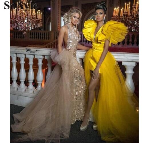 SoAyle Pretty Yellow High Low Tulle Chic Evening Dresses Ruffles Fashion Long Tutu Prom Gowns Sexy Deep V-neck Party Dresses