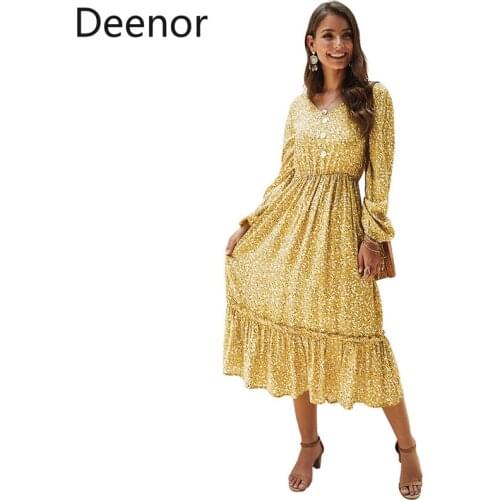 Deenor Women Spring Summer 2021 Elegant Dress Long Sleeve V Neck Boho Beach Floral Print Dresses Holiday Sundress Vestidos Robe