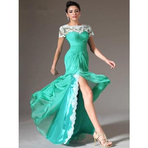 Mint Green Evening Dresses Mermaid Cap Sleeves Chiffon Appliques Slit Long Dubai Saudi Arabic Evening Gown Prom Dresses