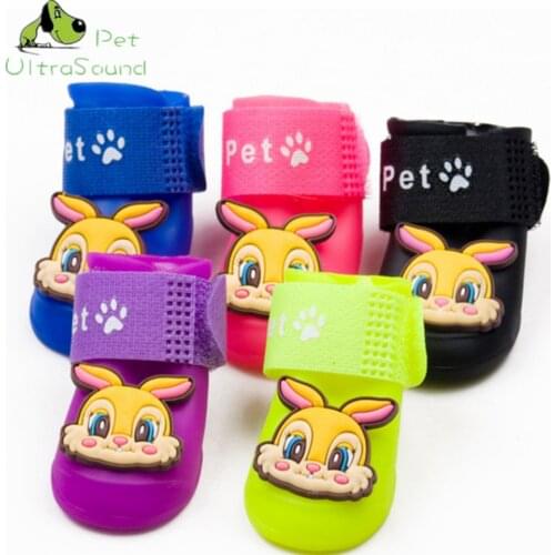 4Pcs/set Pet Dog Rabbit Pattern Boots PU Rubber Water Protective Dog Cat Shoes Black Green Red Blue Yellow Pink Purple Orange
