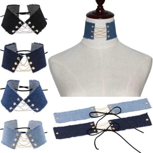 55mm Wide Vintage Plain Blue Denim Tattoo Chain Choker Necklace Tie Women Punk Party Jeans Chokers Jewelry