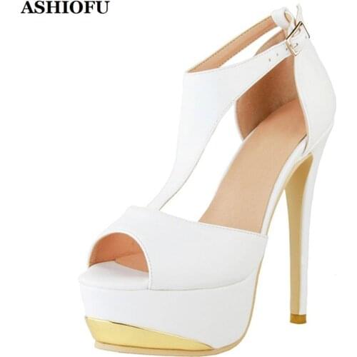 ASHIOFU Handmade Womens High Heel Platform Sandals T-strap Peep-toe Party Prom Summer Shoes Large Size Evening Fashion Sandals