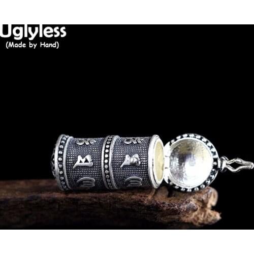 Uglyless Sanskrit Buddhism Six Words Mantra Pendants for Men Women Neutral Thai Silver Open Box Necklaces NO Chains 925 Silver